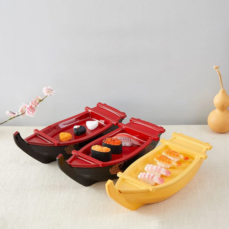 Hot Sale Washable Reusable Large Ship Boat Japanese Serving Plastic Party Black Sushi Tray