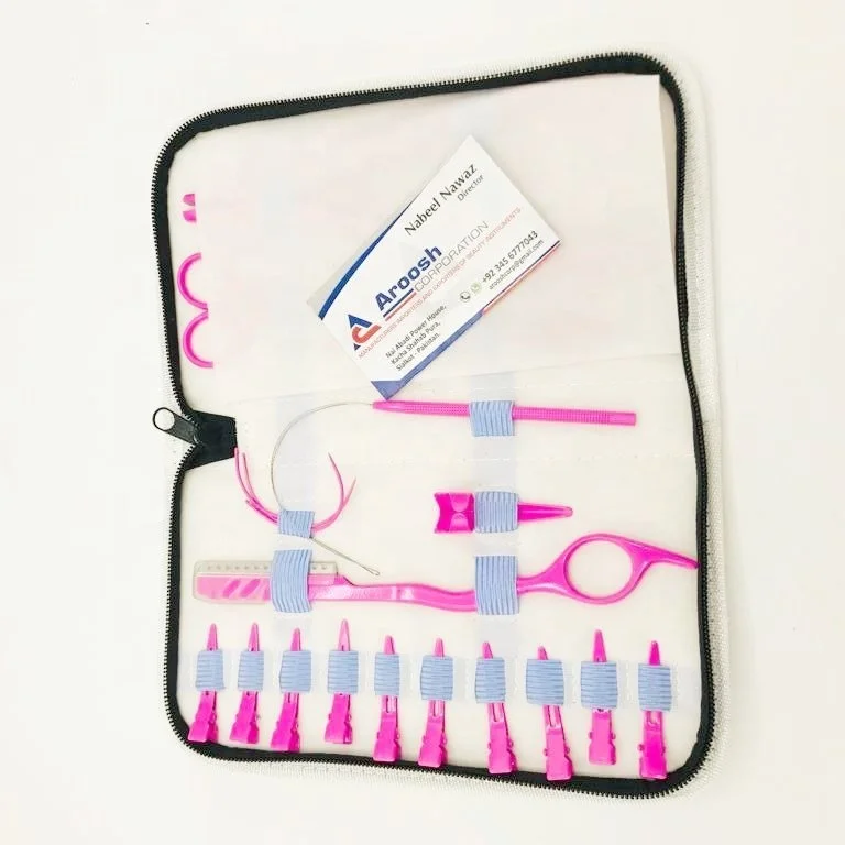 Hot Pink Stainless Steel Clip In Hair Extensions Tools Kit With Plier, Crochet Needle, Clips And Human Hair Extension