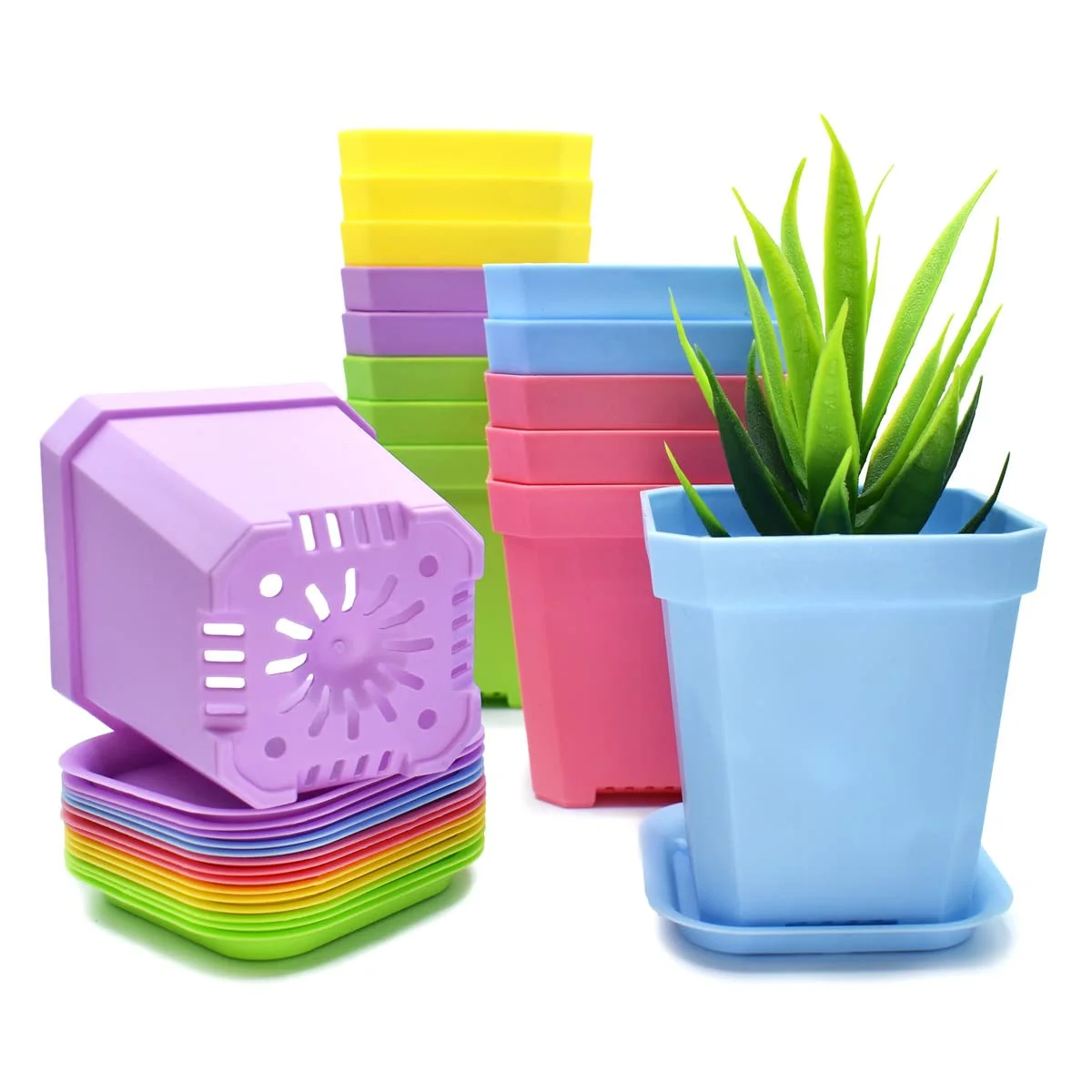 Plastic Plant Pots, Nursery Pot Flower Pots with Drainage Hole and Tray Gardening Plant Containers for Outdoor Indoor