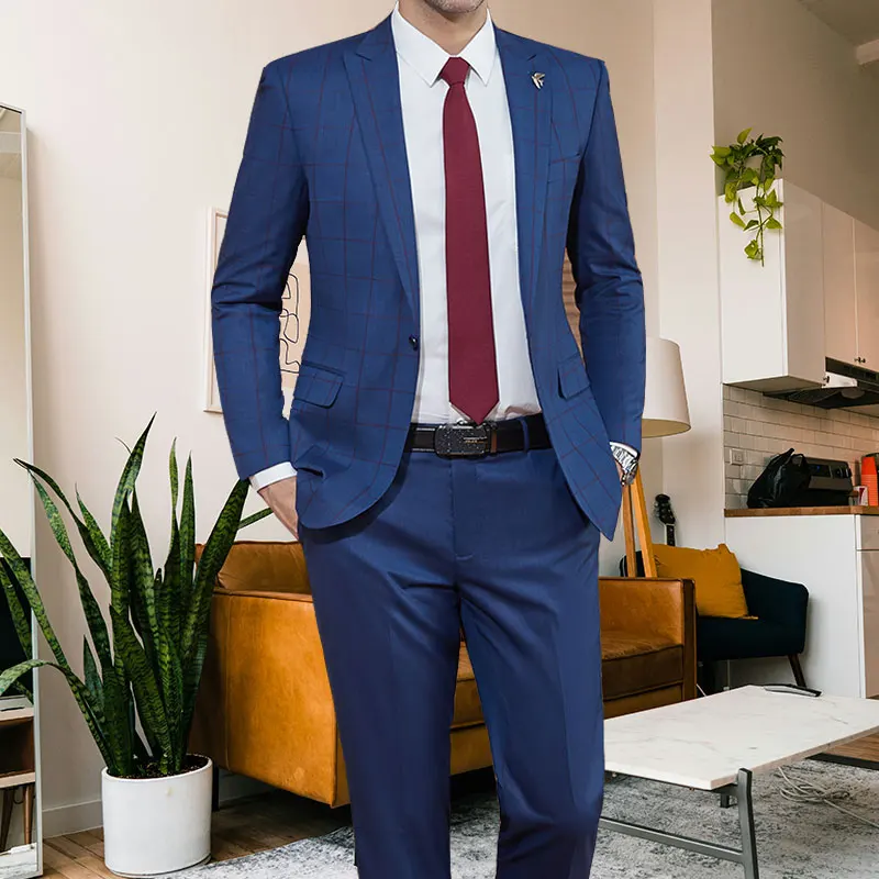Elegant royal blue gown groom mens suit plaid wedding business  blazer stripes formal suits for men