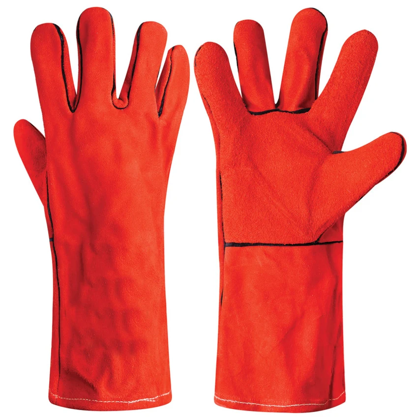 Custom made black piping red welding gloves/Cheap price cow split leather AB grade 14 inch welding gloves wholesale