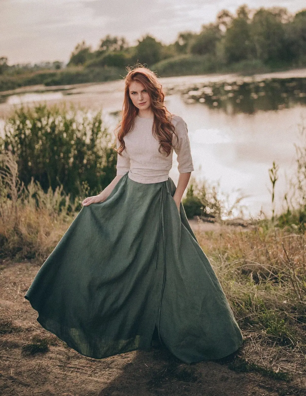 Зеленая льняная Длинная пляжная юбка с запахом карманами дышащий хлопок свободного размера повседневный простой стиль длина до пола натуральная Талия