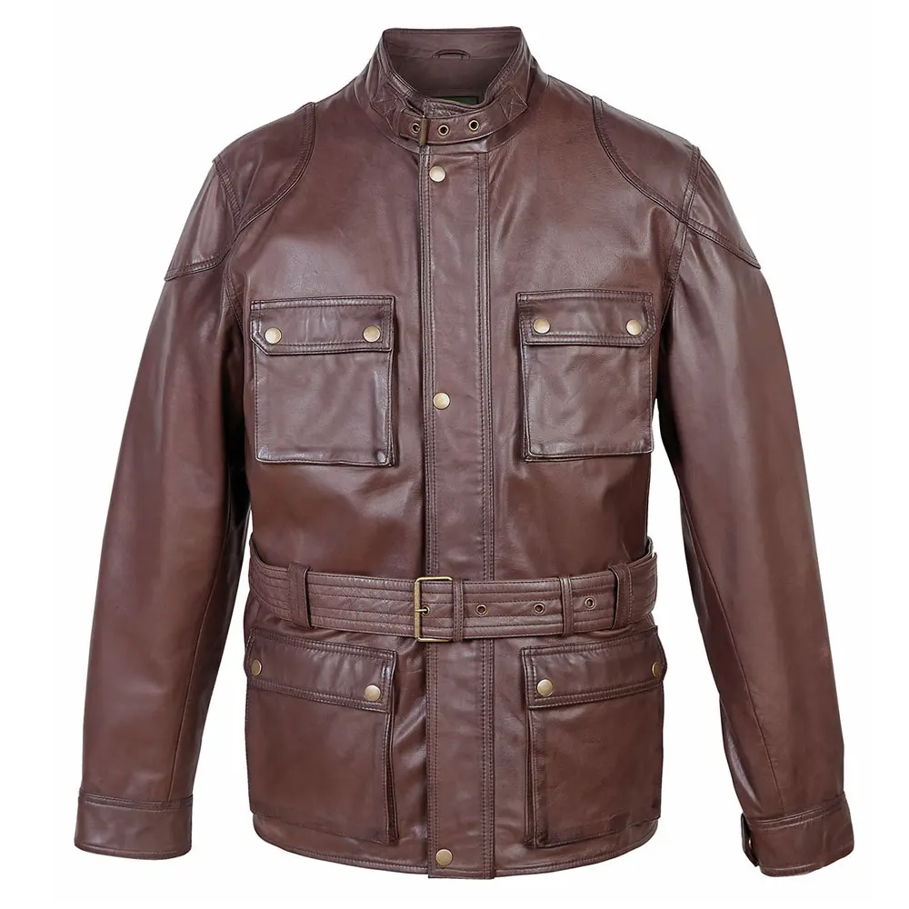 Fashion Brown Belted Distressed Leather Coat, Men Brown Nappa Leather Coat