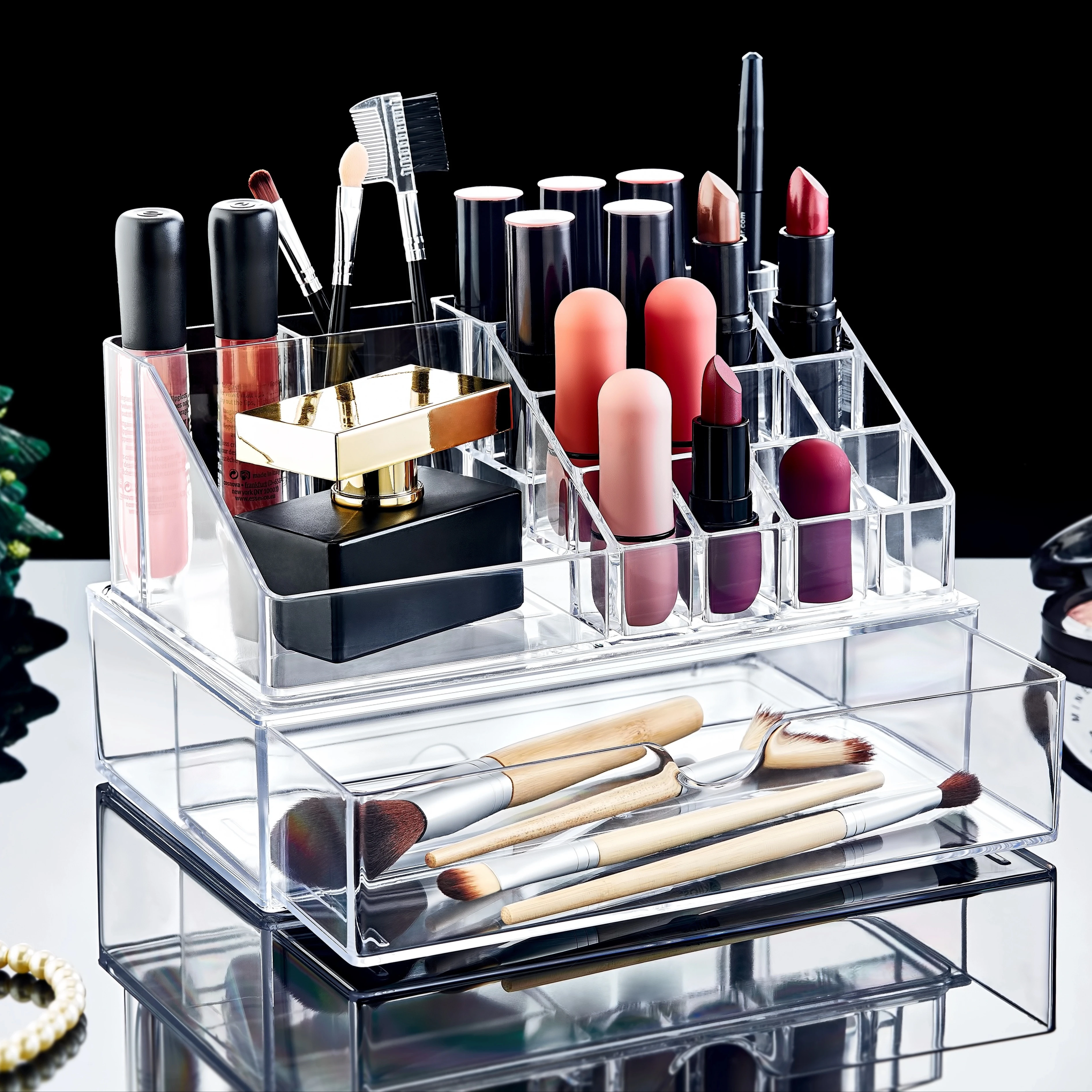 Durable Modern Clear Acrylic Makeup Organizer Drawer Rectangle Storage Display Stand Lipstick Brushes Jewelry-5kg Capacity