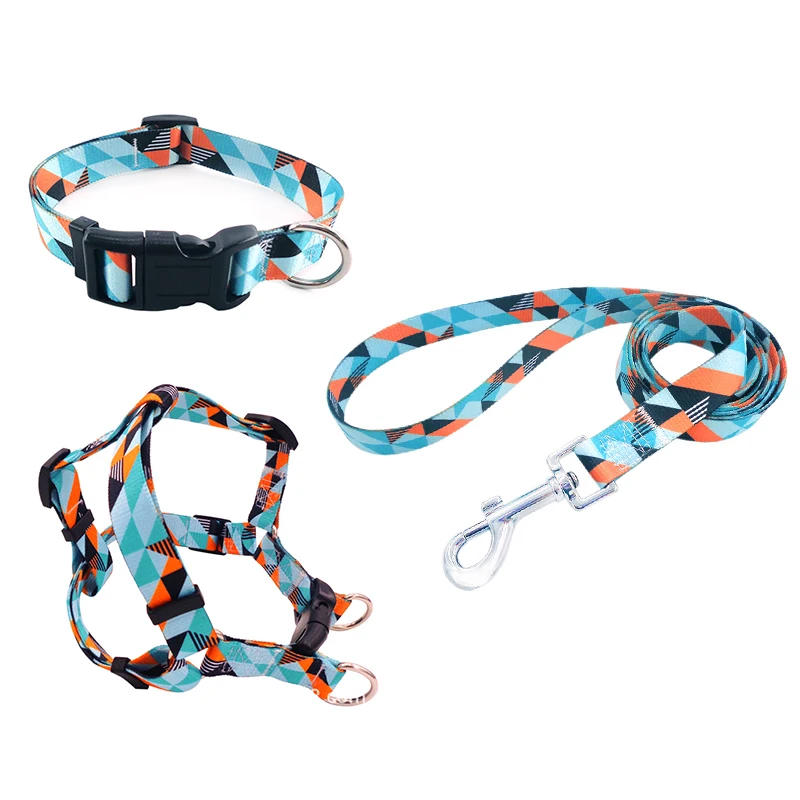 Custom Colorful Pattern Luxury Printed adjustable Pet Collar Leash Bandana Dog Harness and Leash Set