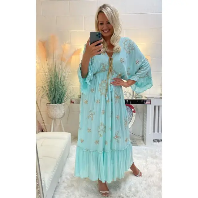 Women Embroidery Three Quarter Sleeve V-Neck Floral Engagement Party Knitted Clothing Dresses