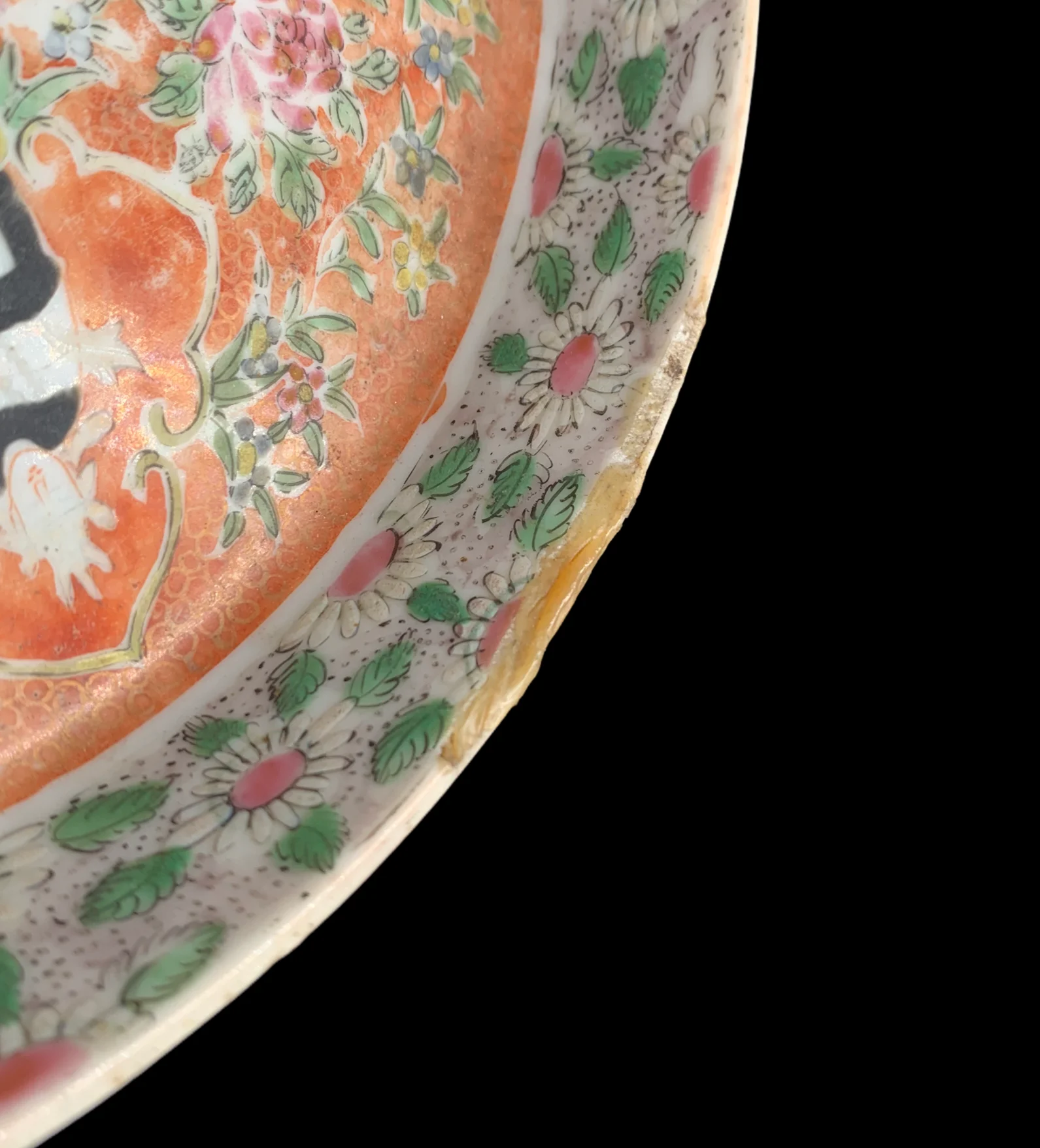 Antique Polychrome Porcelain Tea pot Tray Painted With A Theppanom In The Centre By A Floral Design On A Orange Ground