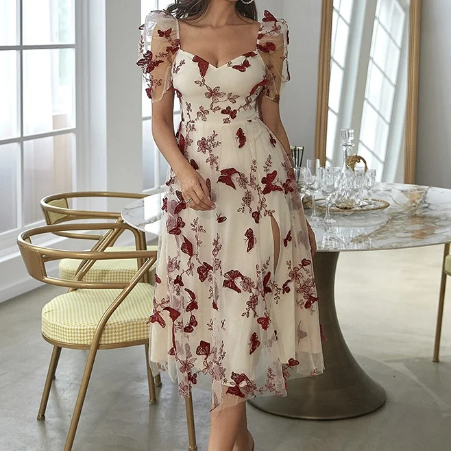 Fashionable Embroidered Floral Elegant Dress with Cinched Waist and Off-Shoulder Design - Netted Skirt - Long Formal Gown