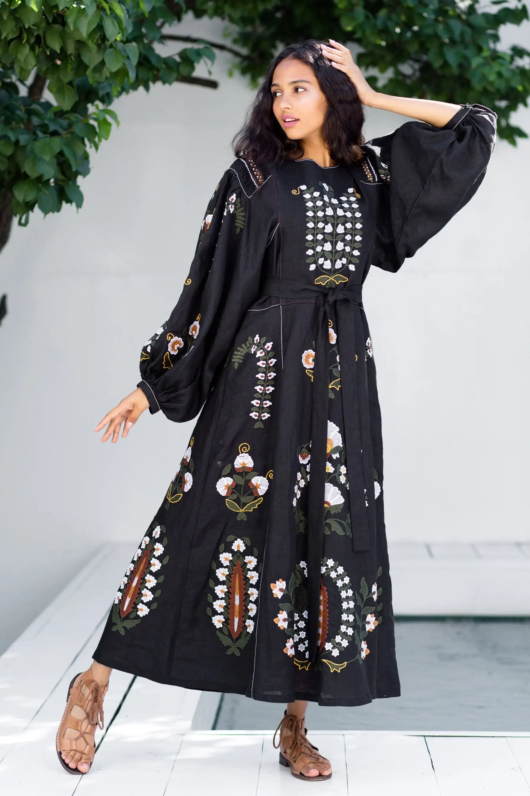 2024 Hot Selling Casual Floral Embroidered Work Womens Dresses Deep V-neck Long Sleeve Sexy Spring Summer Ukrainian Dress