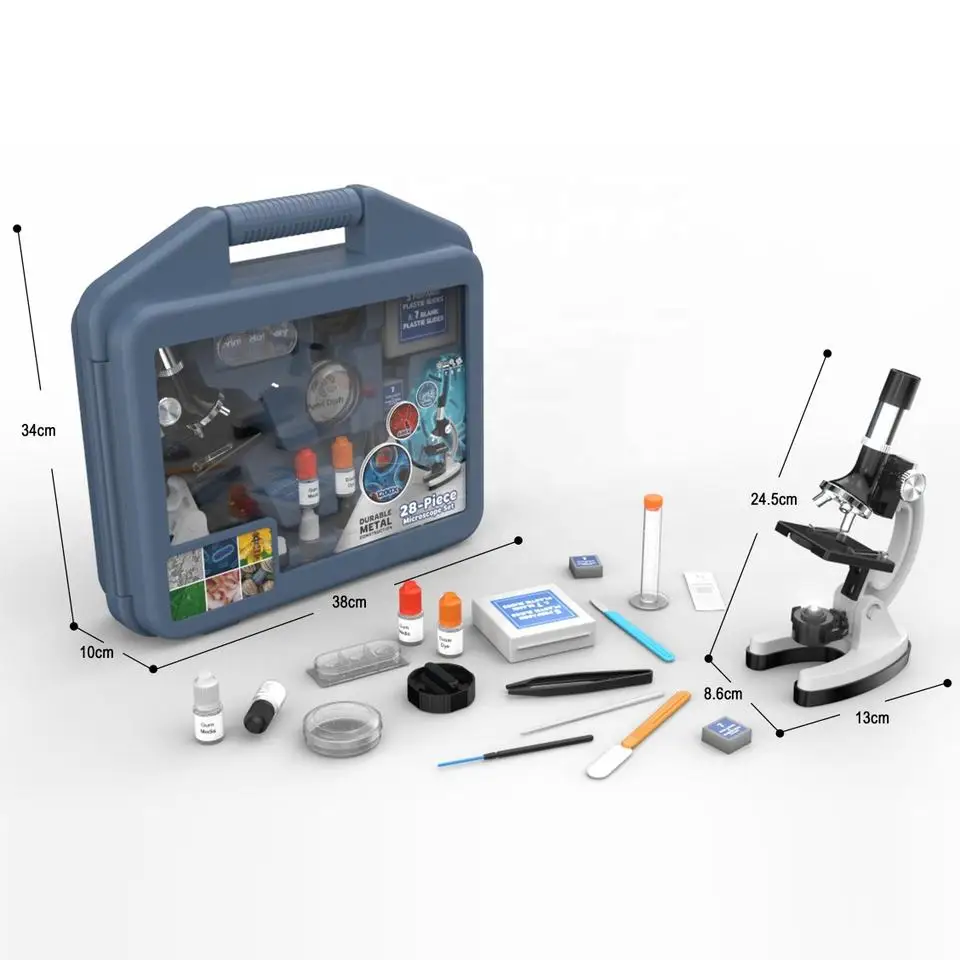 1200X 28-pieces student beginner microscope STEM kit metal body toy microscope with slides, LED light and carrying box science e