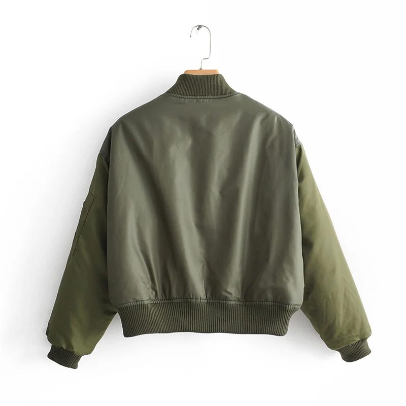 2023 Autumn Army Green Short Bomber Jacket Women Stand-up Collar Slim Zipper Cardigan Cotton Jacket
