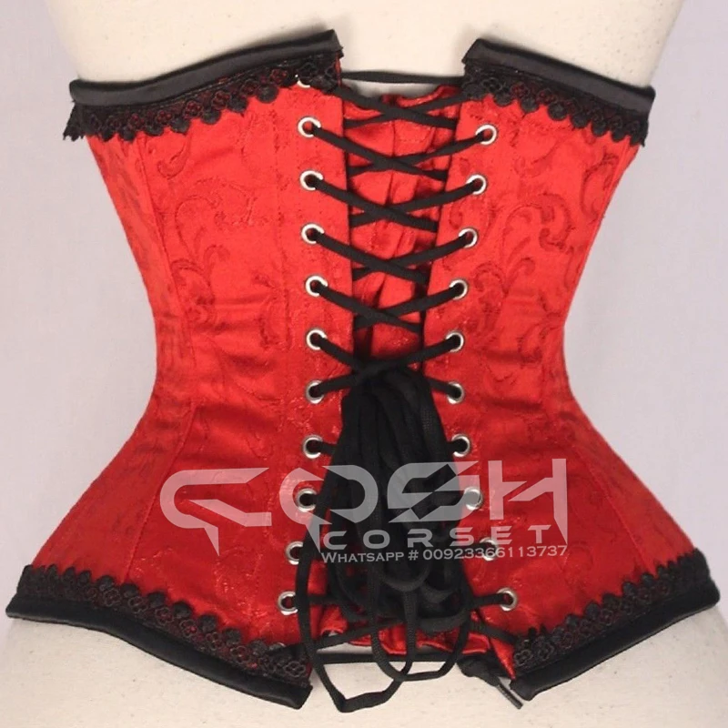 COSH CORSET Handmade Latest Underbust Steel Boned Limited Edition Red Brocade Corset With Black Lace and Trim