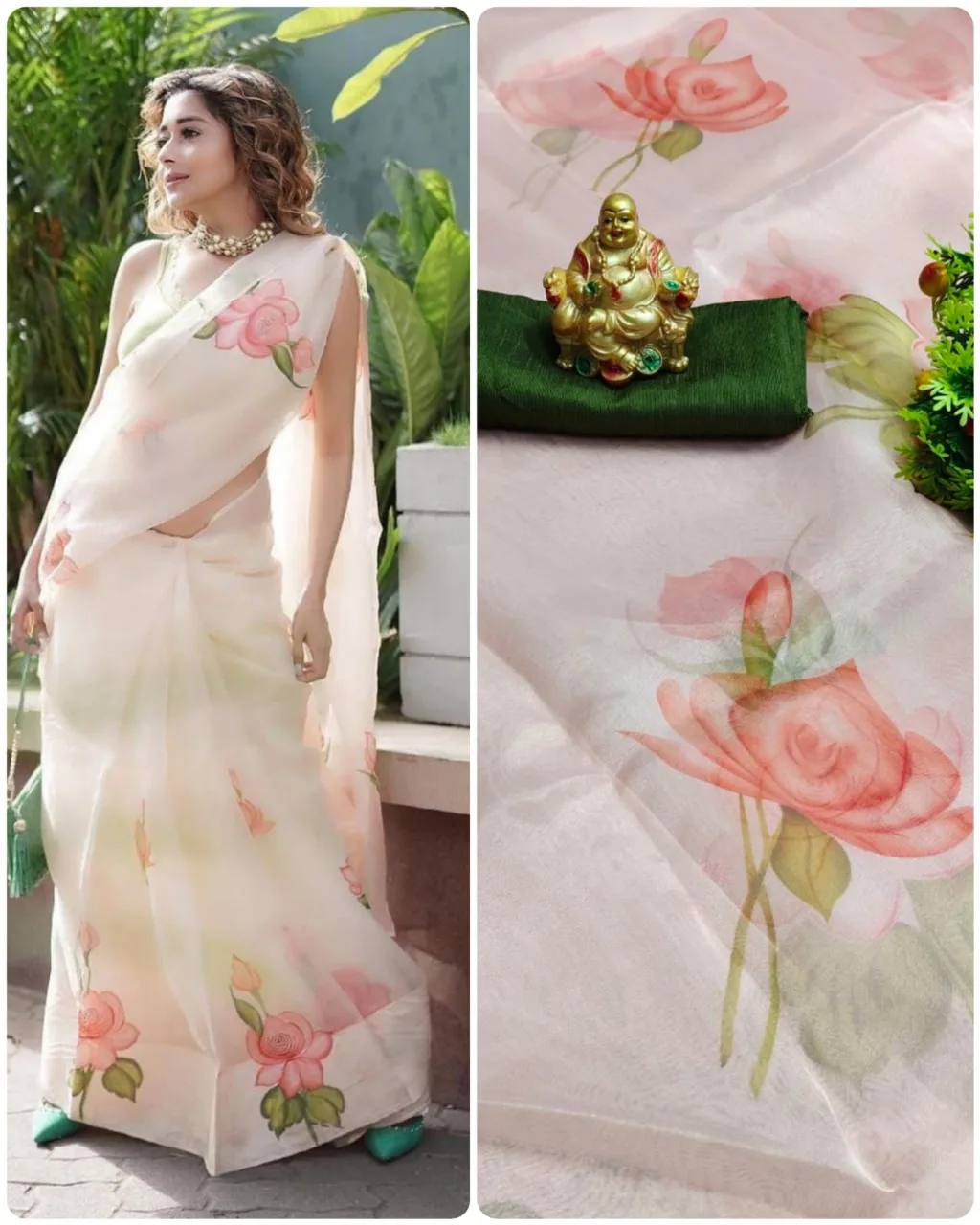 Indian Ethnic Wear Fancy Organza Silk Saree with Banglory Silk Plain Blouse Material Beautiful Digital Flower Printed Saree