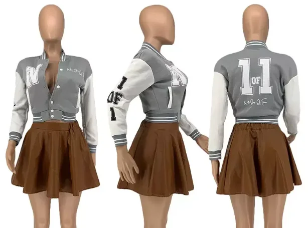 Custom Crop Letterman Varsity College Jackets in Colors for Women Ladies with Custom Chenille Embroidery Patches at Wholesale