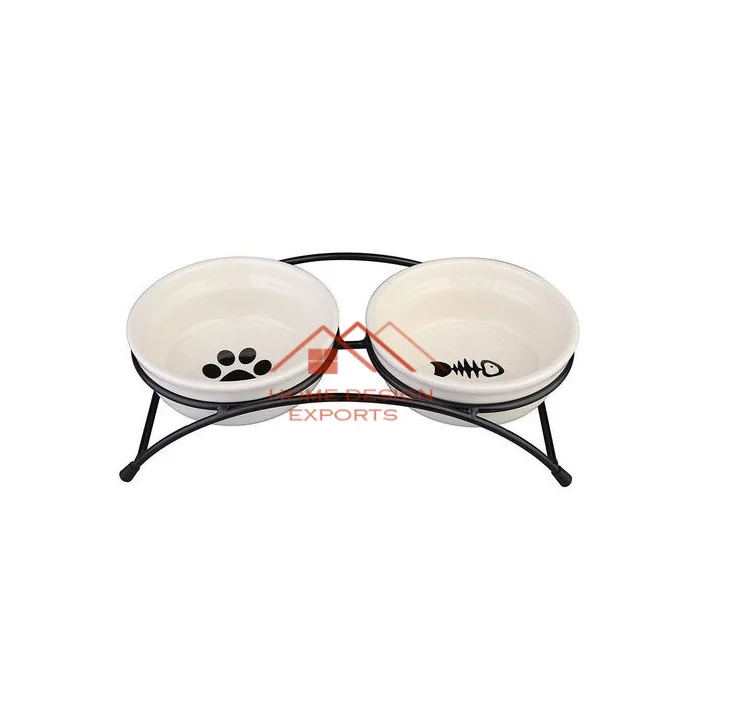 2024 Hot Selling Manufacturer New Design Pet Bowl Protect The Spine Cute Cat Footprint Ceramic Cat Food Double Bowl