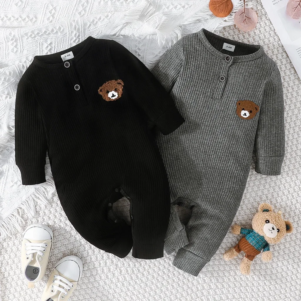 Newborn Baby Clothes Cartoon Bear Tiny Button Onesies For Baby Boy Long Sleeve Infant Romper Toddler Jumpsuit