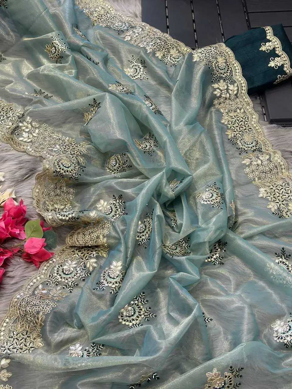 Beautiful Soft Tissue silk saree with Embroidery viscose thread work in saree, Party Wear saree, Wedding Wear Saree.
