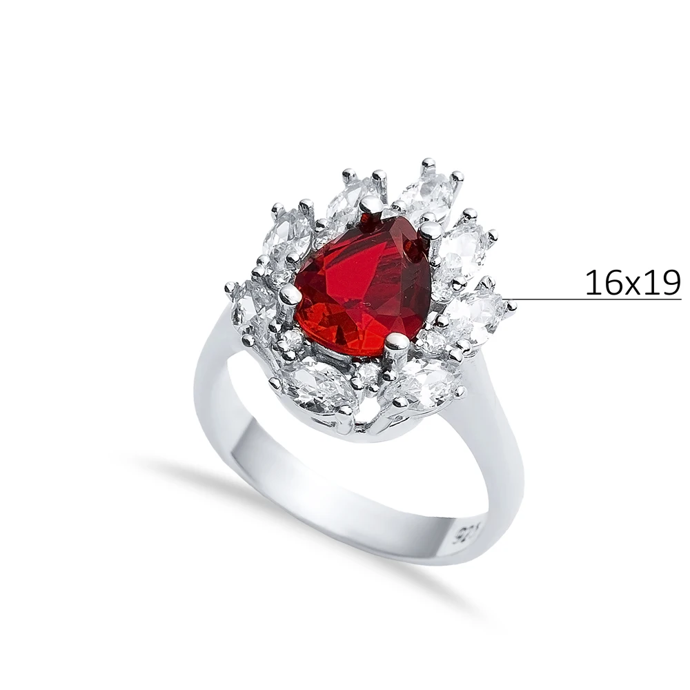 Garnet CZ Stone Pear Drop Shape Silver Cluster Stony Ring Handcrafted 925 Sterling Fine Jewellery Handmade Jewelry