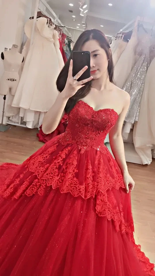 High Quality wedding dress wholesale ball gown off-shouder flowers lace beads add beading red color  TNBP50