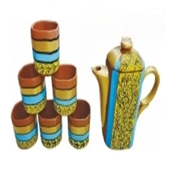 Modern Eco-Friendly Hand Painted Ceramic Jug Set 6 Cups Capacity Terracotta Teaware Home Use Hotel Retro Japanese Design Styles