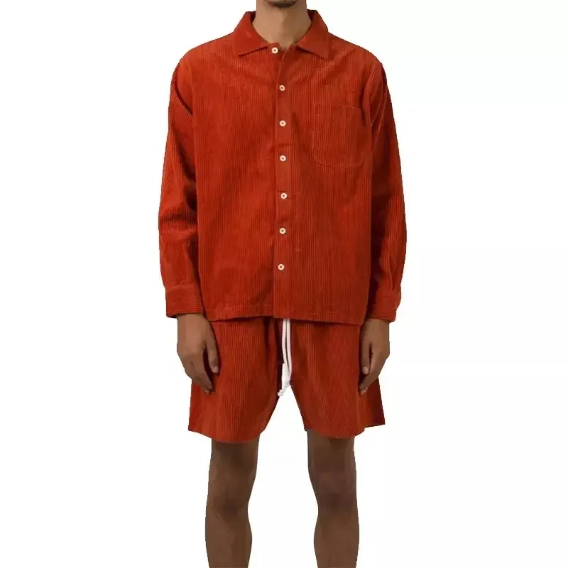 Color Block 2 Piece Set Short Sleeve Collar Shirts Shorts For Men Summer Outfit 100% Cotton Corduroy Men Shorts Set