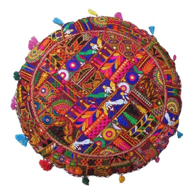 Bohemian Round Patchwork Pillow covers Indian Handmade Hand Embroidered Patchwork Cushion Cover With PomPom Home Decor