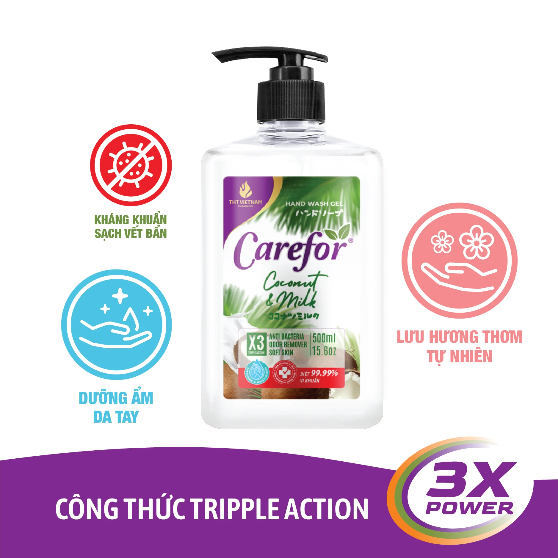 Carefor Green Liquid Hand Soap 500ml Coconut & Milk Moisturizing Sustainable Chemical Handmade Fruit Hand Wash