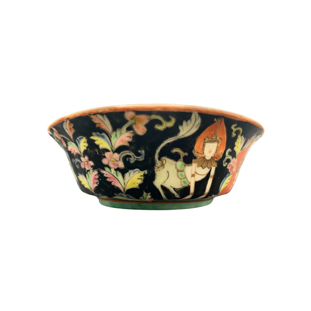 Antique Benjarong Porcelain Bowl Painted With Theppanom Painted With Floral Design On A Black Ground for Collectible