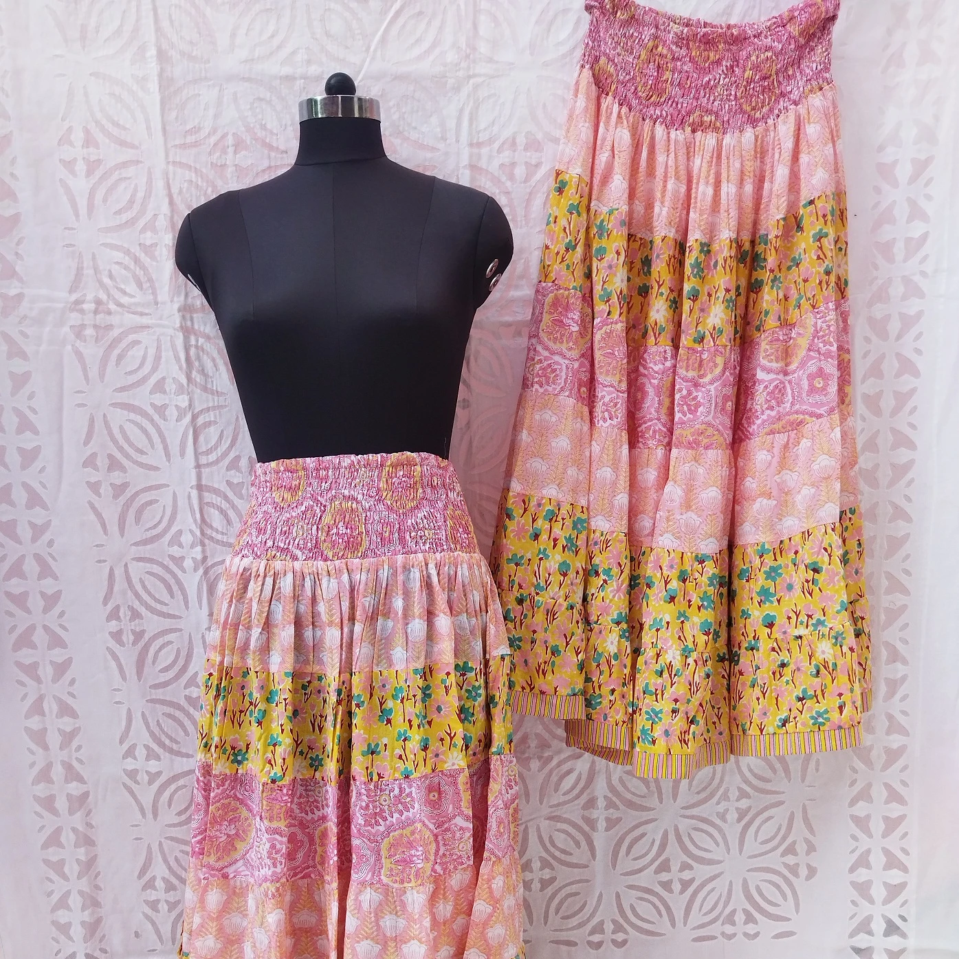 Wholesale Hand Block Printed Cotton One Tire Skirt With Smoking Waist & Maxi Standard, Colorful Bohemian Skirt Casual Beach Wear