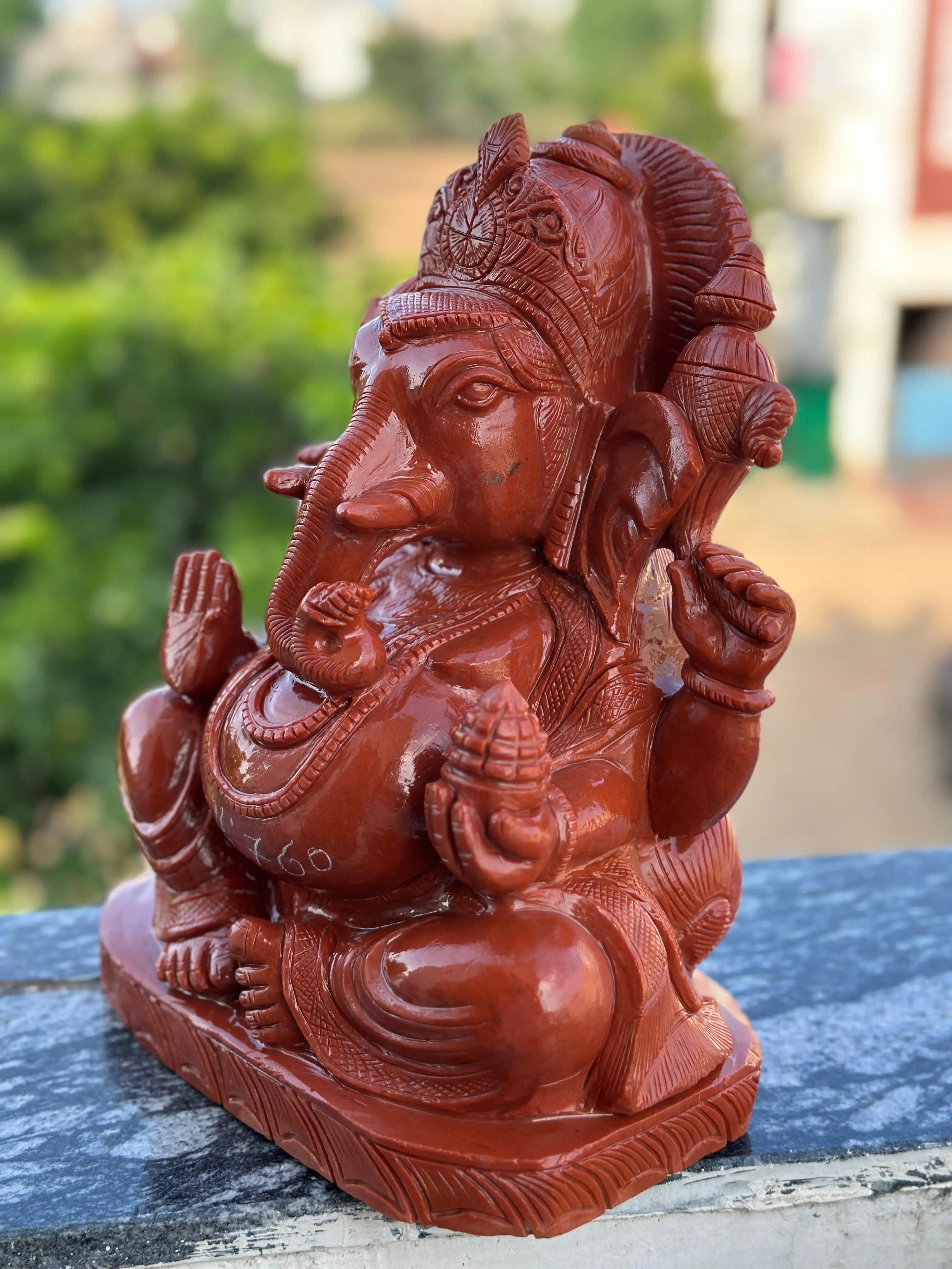 Handcrafted Red Aventurine Ganesha Carving Artistic Hindu Spiritual Healing Sculpture Natural Crystal Semi-Precious Jasper Stone