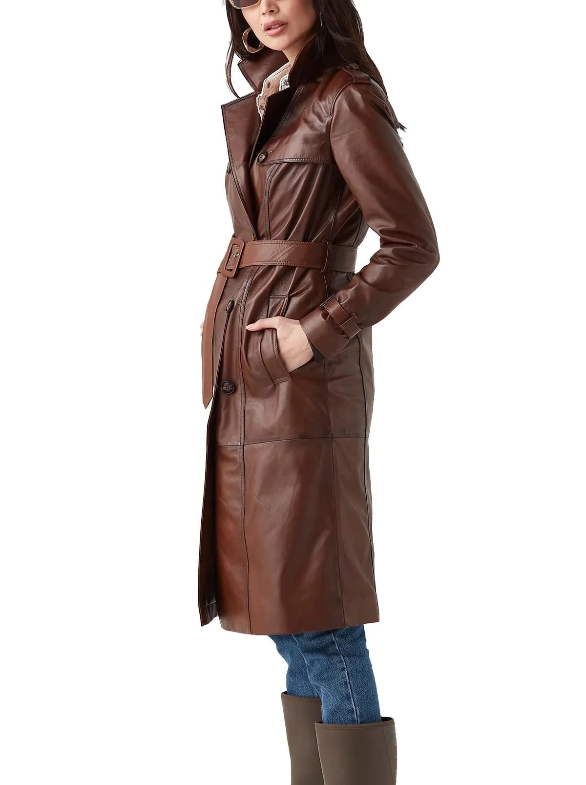 High Quality Womens Plus Size Clothing Real Sheepskin Stand Collar Long Coat Ladies Outerwear Belted Down Leather Trench Coat