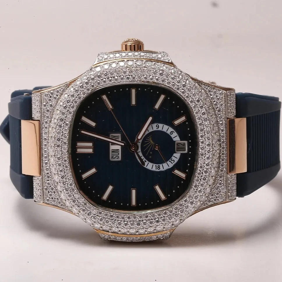 GRA Certified Diamond Watch Hip Hop Luxury Customized Yellow Gold Black Iced Out VVS Moissanite diamond Mechanical Watch