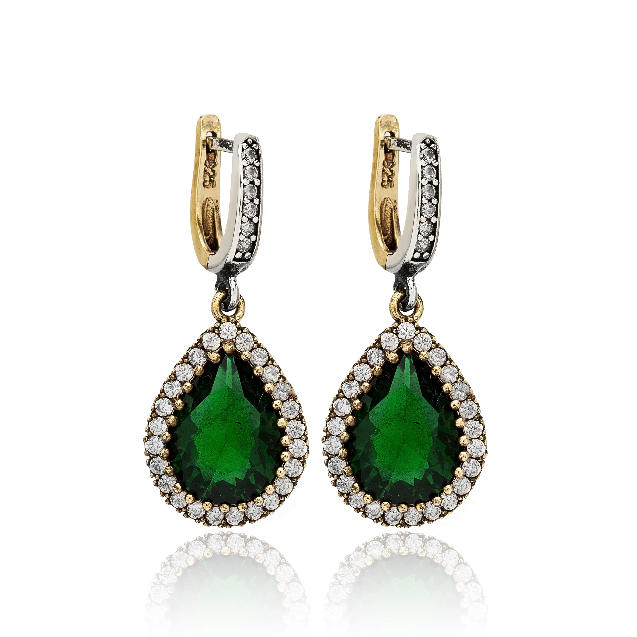 Pear Emerald Stone Authentic Silver Earrings In Turkish Handmade Wholesale 925 Sterling Silver Jewelry