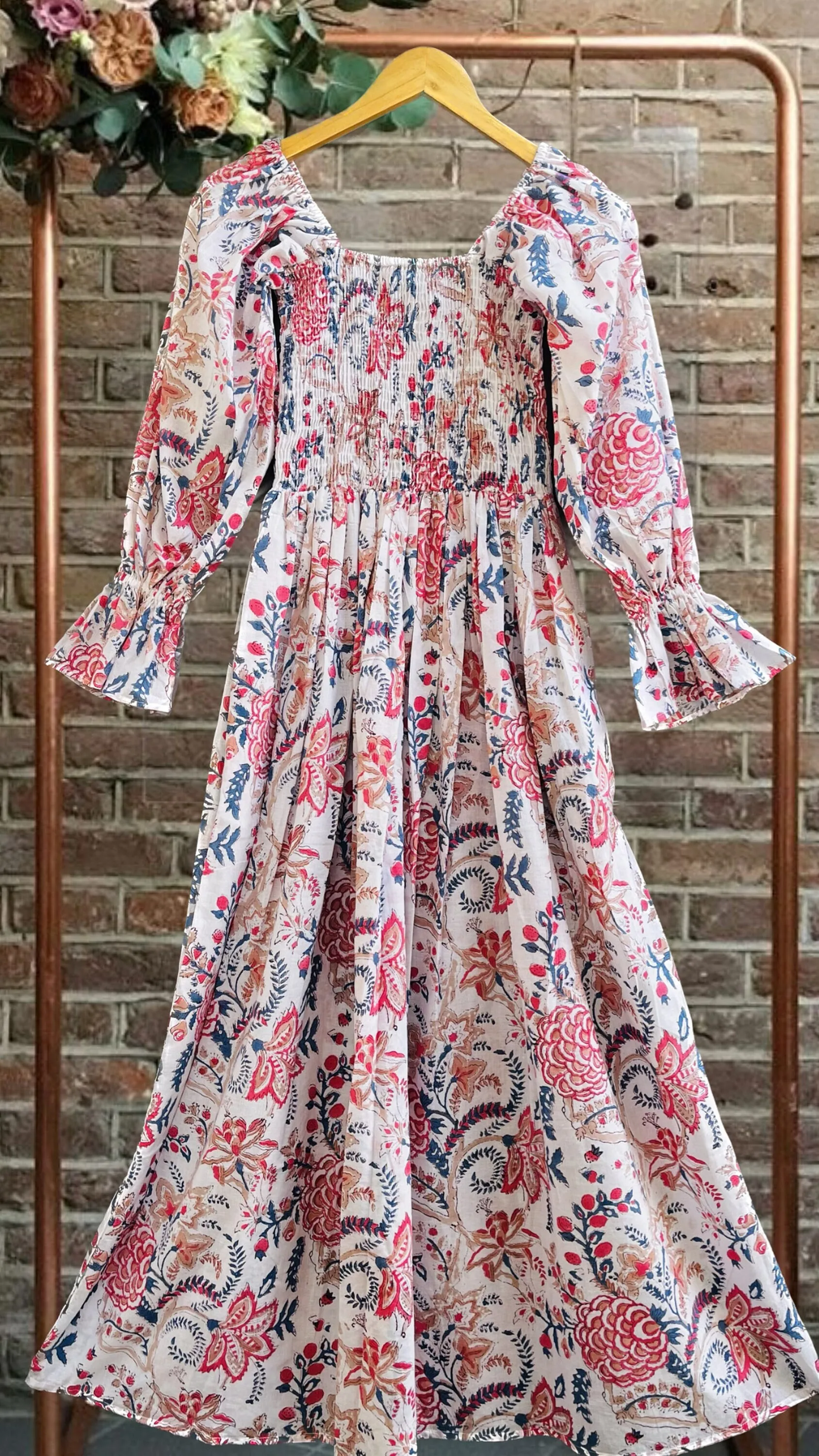 Pink Block Printed Tiered Dress with Lace 100% cotton fabric both causal and formal wear 3/4 sleeves at wholesale rate