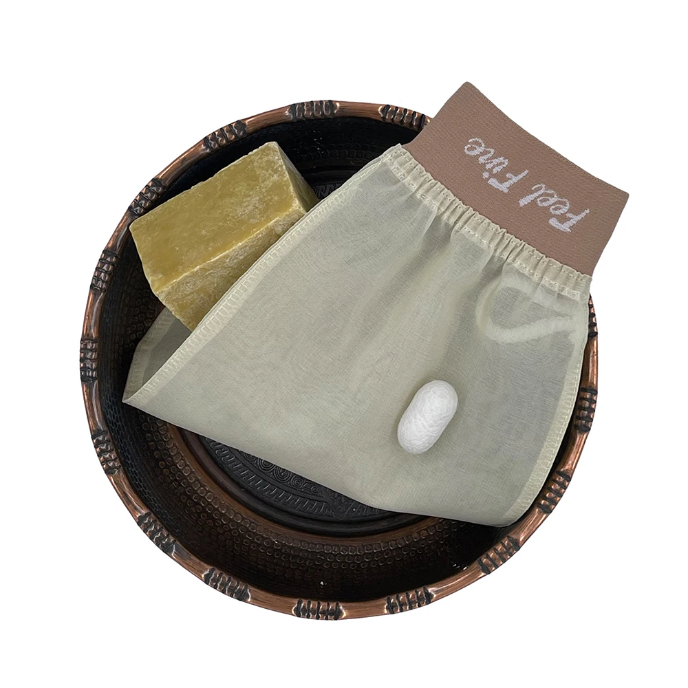 Feel Fine 100% Turkish Raw Cocoon Silk Full Natural Exfoliating Mitt Body and Face Scrubber Bath Mitt Set