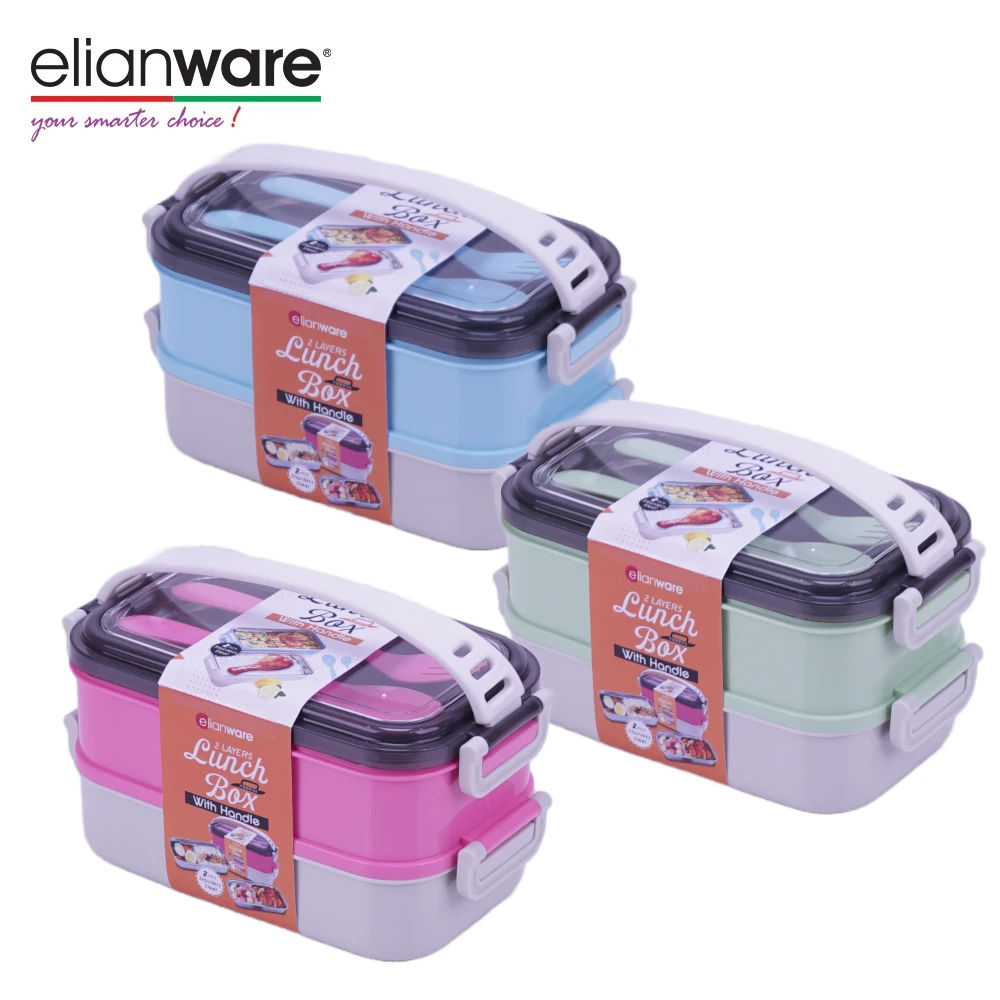 Elianware Eco Friendly High Quality Two Layer BPA Free Plastic Bento Lunch Box with Utensils Fork & Spoon