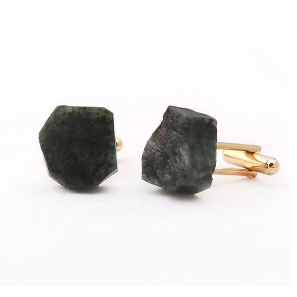 Handmade Natural Emerald Gemstone Cufflinks Gold Plated Fashion Jewelry for Men Traditional Wedding Gift with Tie Clip Pattern