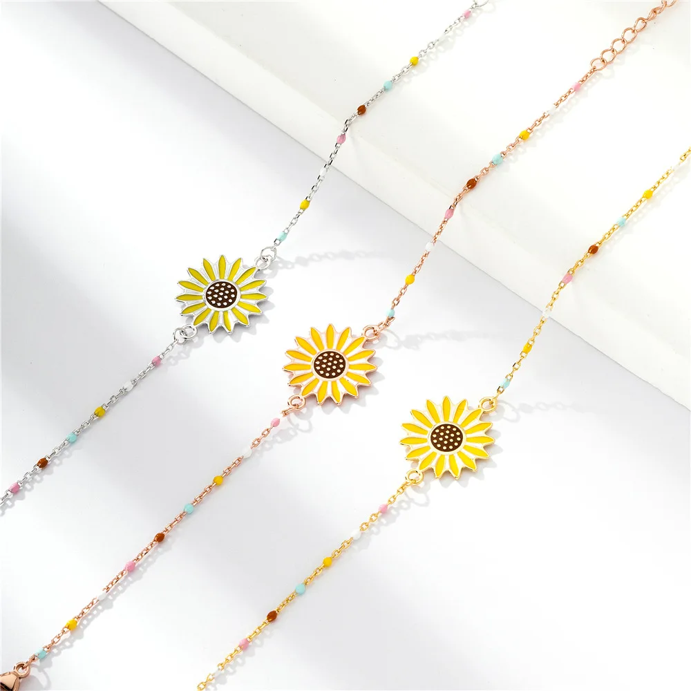 S925 sterling silver bracelet 18K gold plated sunflower sunflower enamel epoxy bracelet personalized and fashionable