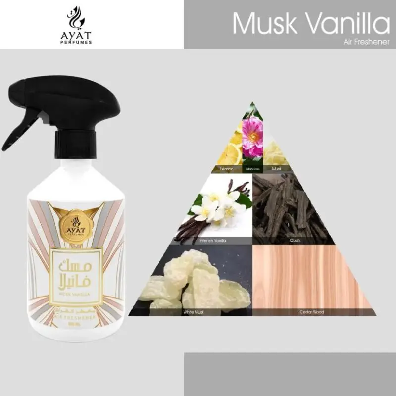 Home Perfume MUSK VANILLA 500ml by Ayat Perfumes Room refresher Spray Scented Mist For Home, Car, Interior