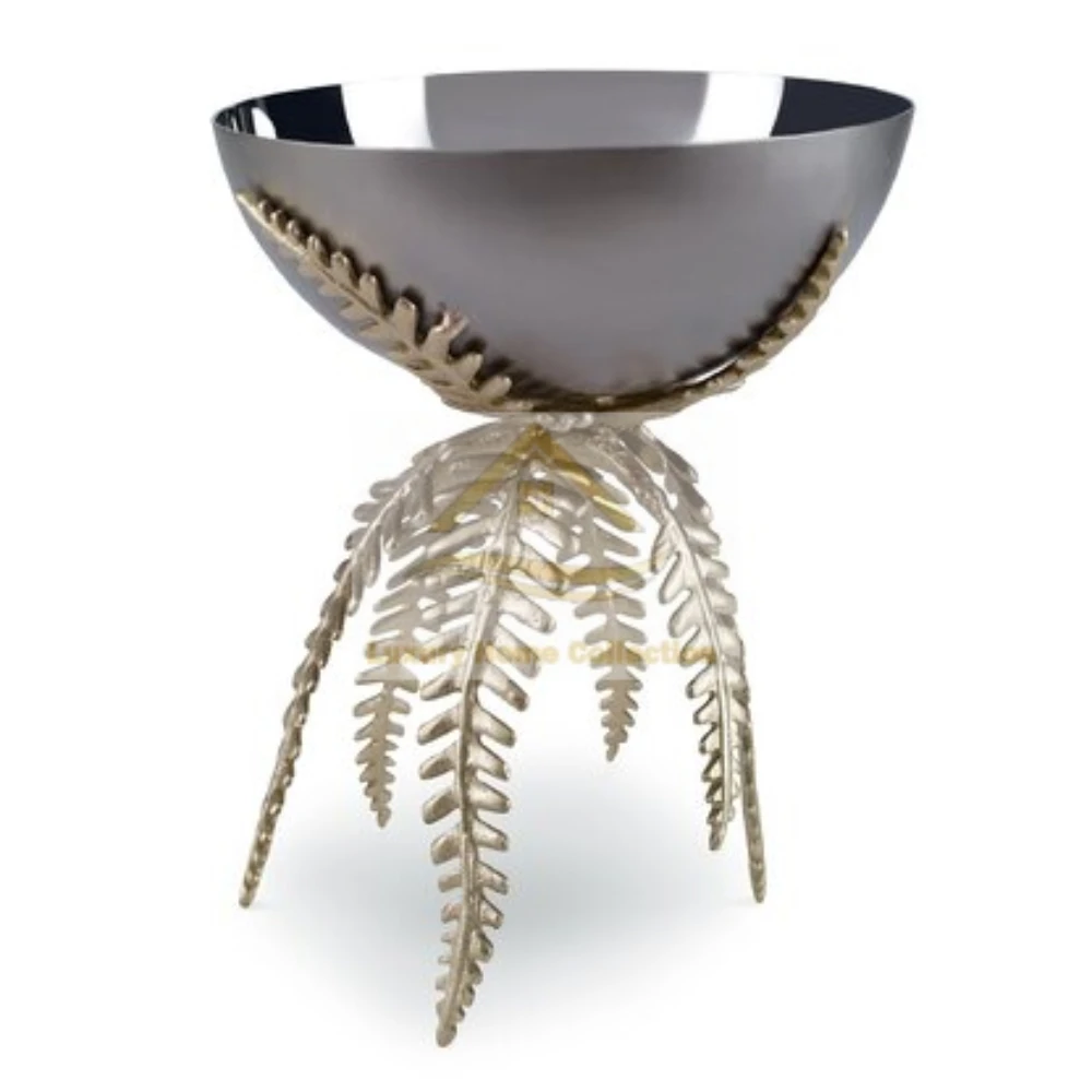 Silverware Vintage Style Metal Stainless Steel Bowl With Brass Leaf Cast Base And Stand Golden PVD Coat Luxurious Serving Bowl