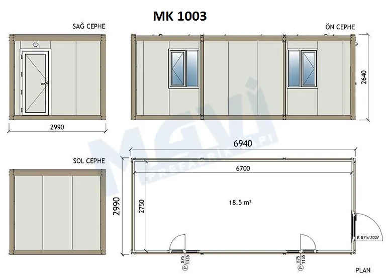 EMPTY CONTAINER HOUSE PREFAB HOUSES 1 ENTRANCE DOOR 2 WINDOWS MK1003 SANDWICH PANEL STRONG MATERIAL