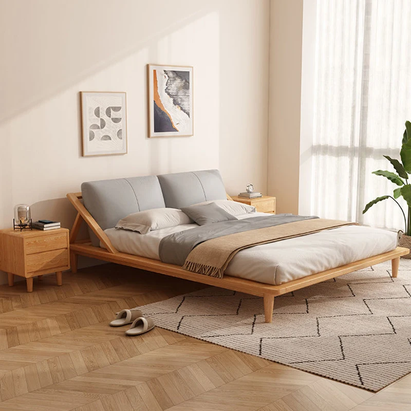 Double Queen King Size Platform Bedroom Furniture Solid Oak Wood Tatami Bed with Headboard Floating Bed Frame