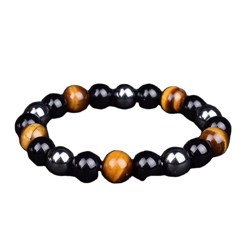 Triple Protection Bracelets Hematite Charm Beaded Tiger Eye Bracelet Reiki Healing Yoga Stretch Bracelet Chakra Natural Gold