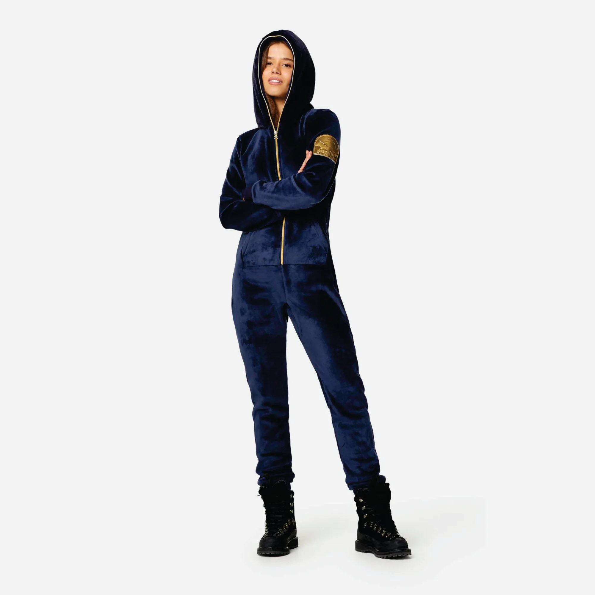 100% Polyester One Way Zipper Opening Front Kangaroo Pocket Navy Women Alps Soft Velvet Fitted Jumpsuit