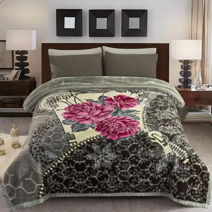 Wholesale Mink Double Bed Blankets High Quality Thick Blanket For Winter King Size 4kg 2 Ply A&B Printed Raschel Blanket