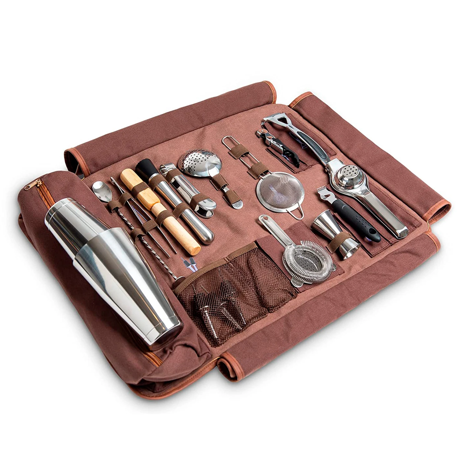 Bartender Bag Travel Bartender Kit  With Bar Tools 17 Piece Bar Tool Set With Portable Waxed Canvas Bag