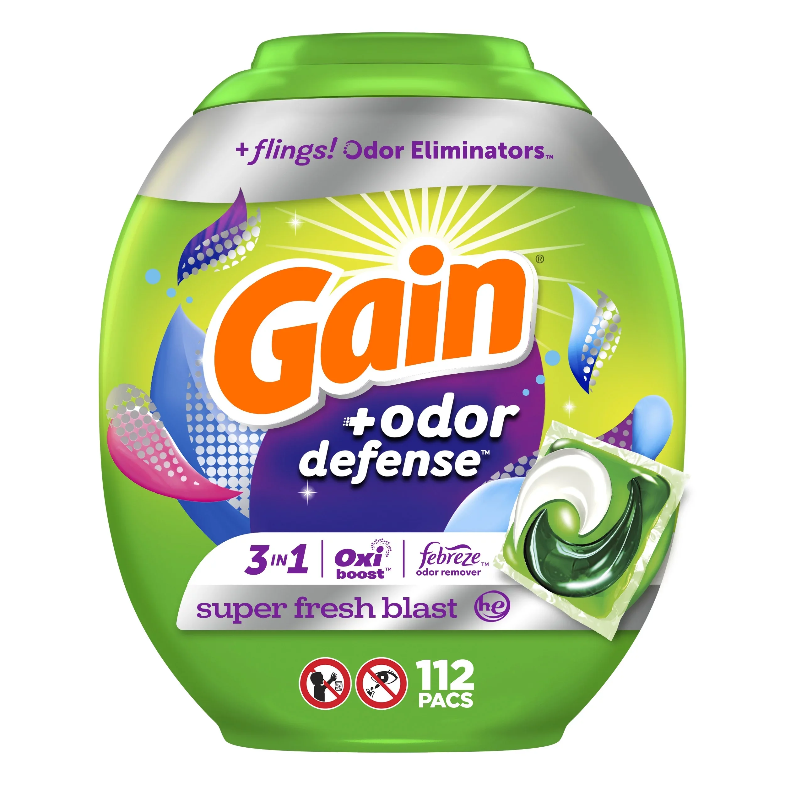 Gain Flings Ultra Oxi Laundry Detergent Pacs, Waterfall Delight Scent, 112 Count