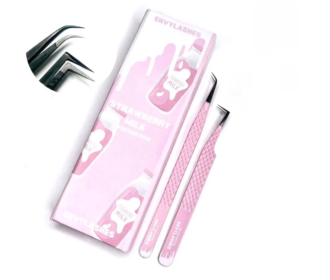 New Colorful Eyelash Tweezers 2 Pieces Set Curved and 90 Degree Volume Tweezer with Premium Customized Cardboard Box Packaging