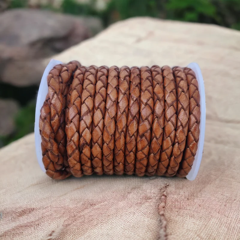 Tan Round Cowhide Leather Braided Bolo Handmade Cord For Jewelry Making Fashionable and Essential Findings Sizes 3mm-12mm