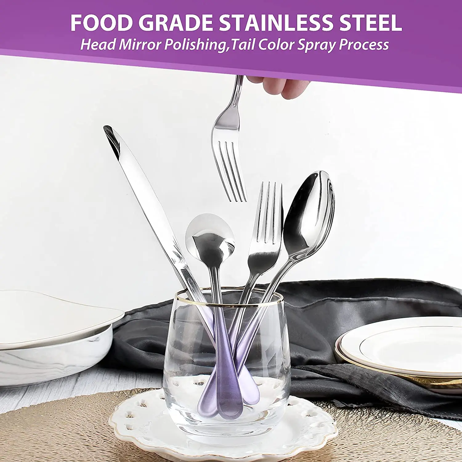 Purple Silverware Stainless Steel Flatware Set 20 Piece Tableware Cutlery Sets New Design